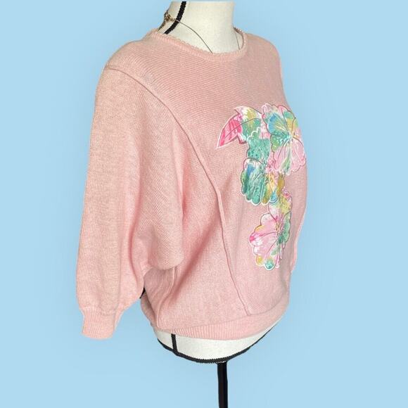 Vintage 80s  Gayle DEADSTOCK Pink Flower Sweater NWT L 10 - Picture 7 of 12